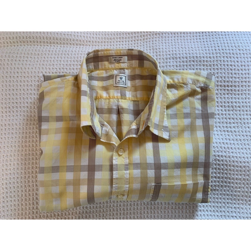 Peter Millar Button Down Shirt‎ Mens XL Yellow Plaid Long Sleeve